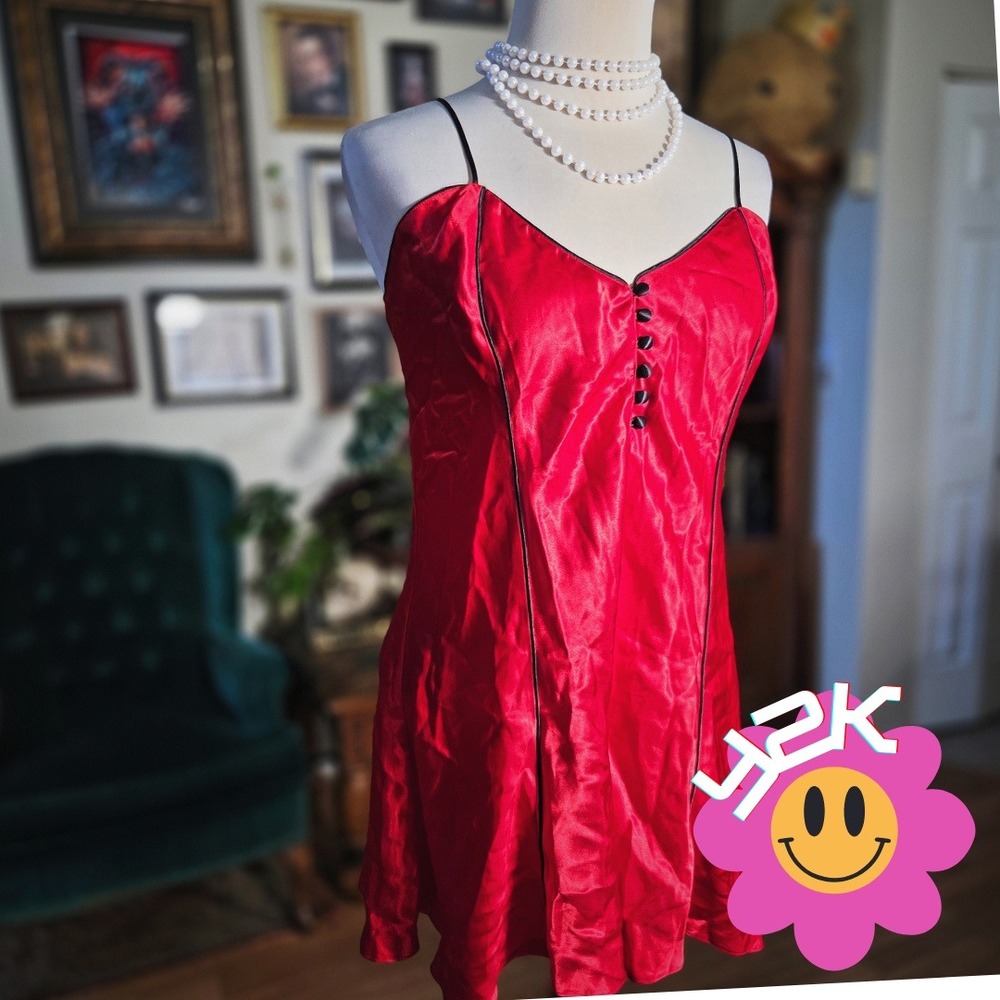 Vintage Y2K Cacique Lingerie Chemise Red Satin Nightgown Lingerie Romper Slip